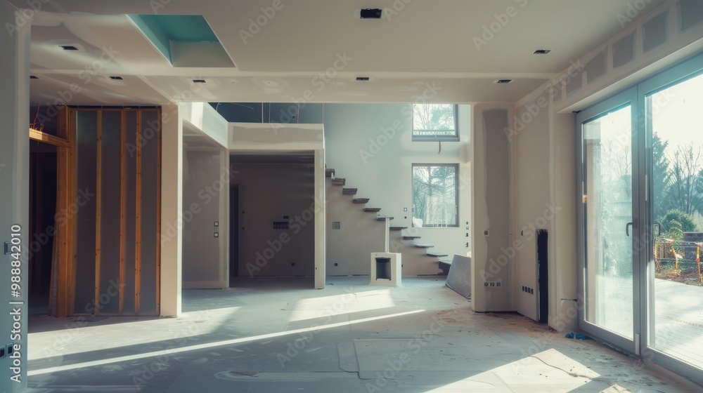 Spacious room under construction with sunlight streaming through large windows illuminating the unfinished space. Spacious room under construction with sunlight streaming through large windows illuminating the unfinished space.