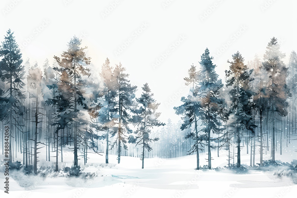 A serene winter landscape featuring tall evergreen trees adorned with snow, creating a tranquil and picturesque scene. A serene winter landscape featuring tall evergreen trees adorned with snow, creating a tranquil and picturesque scene.