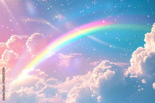 A stunning rainbow arching over fluffy clouds in a dreamy, pastel sky, creating a magical and serene atmosphere.