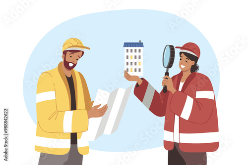 Builder and architect or engineer demonstrate teamwork by holding construction drawings and architectural model. Construction bureau employees work on new project, demonstrating synergy