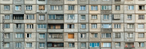 Facade of a Grey Multi-storey Panel building in Russia, Soviet architecture houses