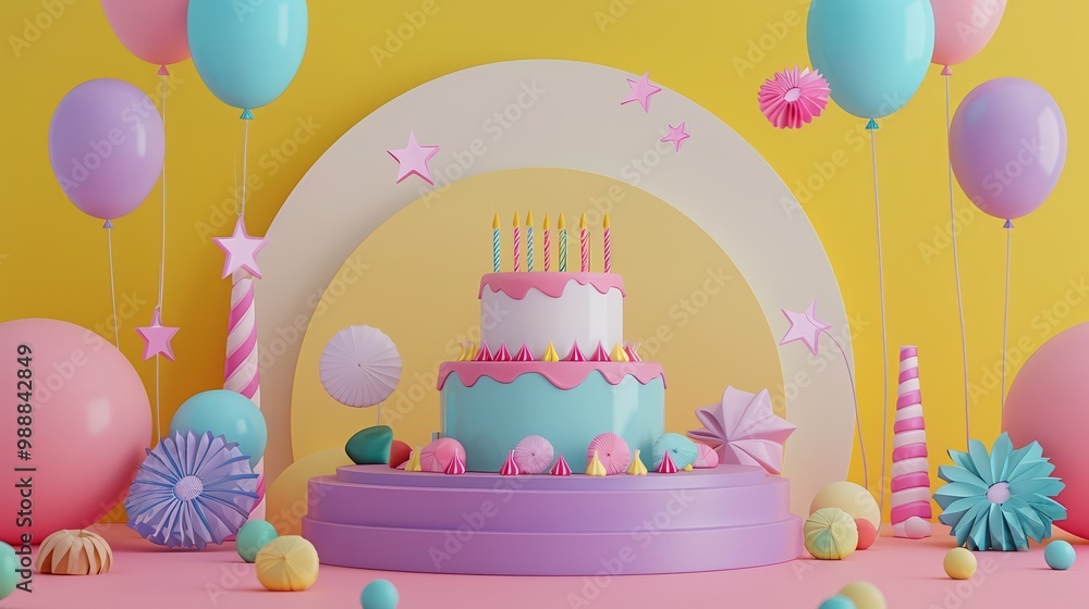 A vibrant birthday cake display with colorful balloons, ideal for party celebrations and joyous occasions. A vibrant birthday cake display with colorful balloons, ideal for party celebrations and joyous occasions.