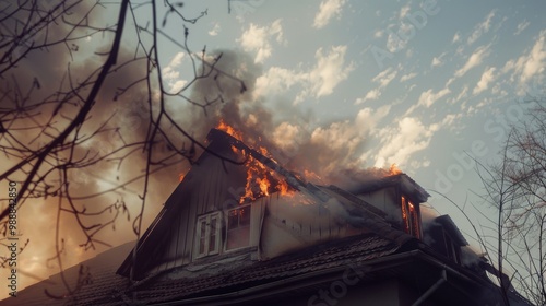 Flames engulf the upper floor of a house as thick smoke billows into the sky, creating a dramatic and intense scene of a building fire.