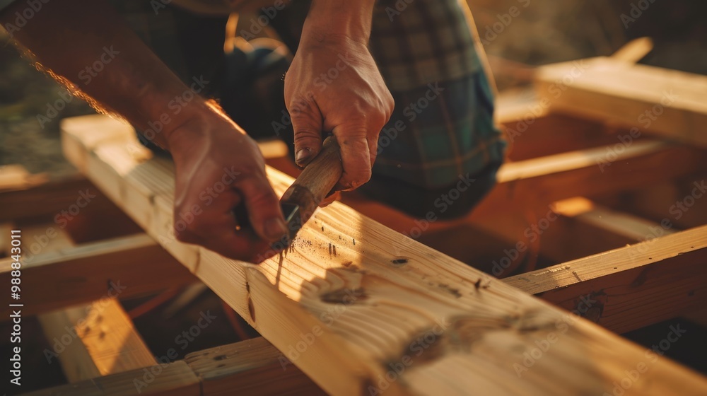 Close-up of hands applying nails on a wooden beam, capturing the essence of craftsmanship and dedication in construction work. Close-up of hands applying nails on a wooden beam, capturing the essence of craftsmanship and dedication in construction work.