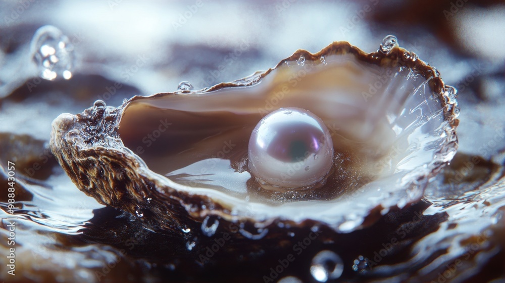 An open oyster revealing a single, perfectly round pearl inside, with water droplets glistening on the shell. An open oyster revealing a single, perfectly round pearl inside, with water droplets glistening on the shell.