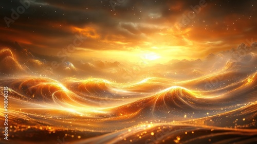 A stunning sunset over golden waves, creating a serene and magical atmosphere.