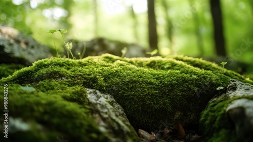 Delicate green moss covering rocks, with a blurred green forest in the background.