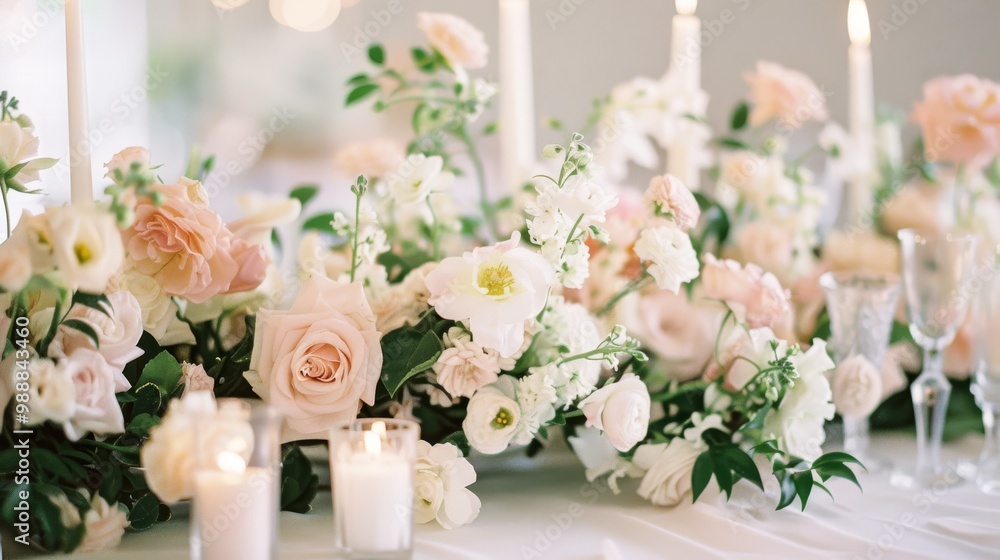 Fototapeta premium Soft pastel blooms arranged with candles create an elegant and romantic centerpiece perfect for a wedding or intimate gathering.