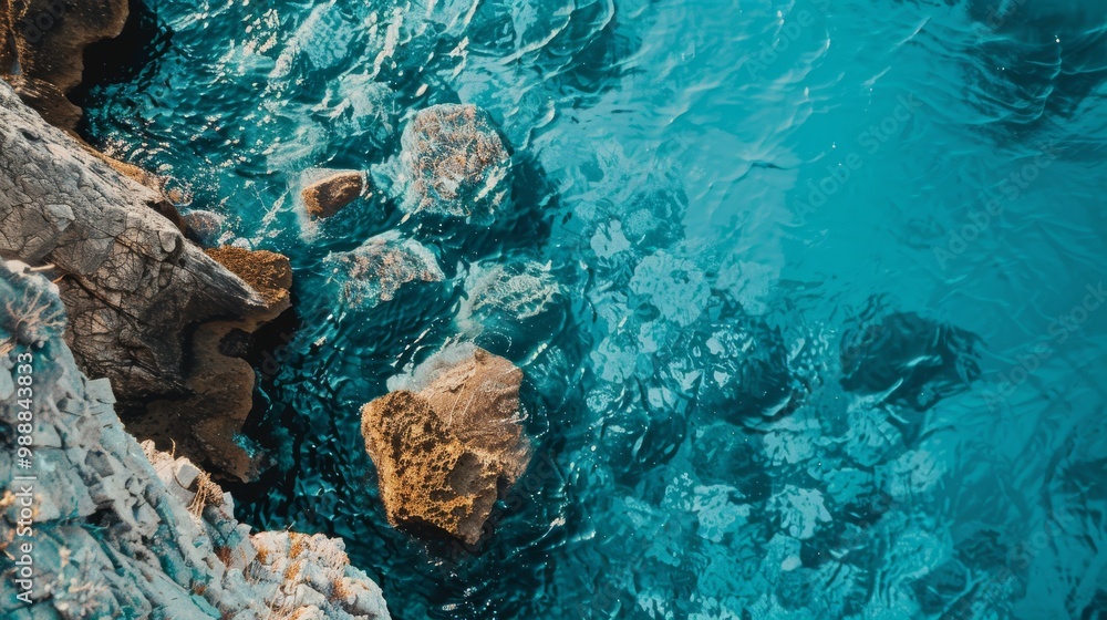 Obraz premium The cyan waters softly hug rugged coastal rocks, reflecting the beauty of seaside tranquility and the natural allure of the ocean's edge.
