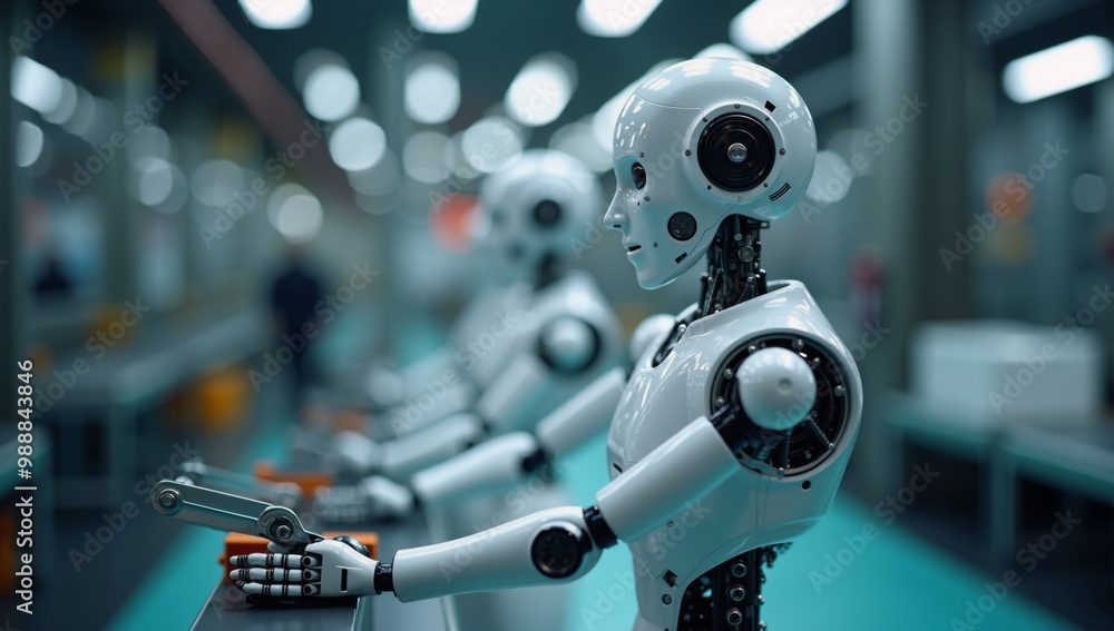 A group of robots working in a factory. A group of robots working in a factory.