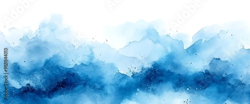 Abstract blue watercolor background with clouds and white space.