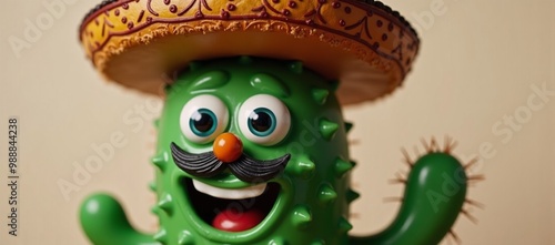 A green cactus with a mustache and a sombrero. photo