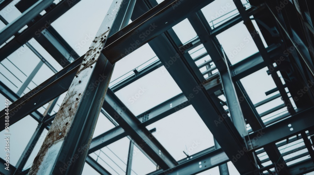 A detailed view of an unfinished steel construction, showcasing the intersecting layers of beams and the raw industrial aesthetics. A detailed view of an unfinished steel construction, showcasing the intersecting layers of beams and the raw industrial aesthetics.