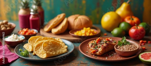 Wallpaper Mural A table topped with plates of food next to fruit and vegetables. Torontodigital.ca