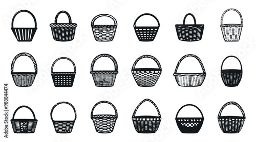 Willow wicker basket black hand drawn icon set. With handle. Empty gift hamper. Eco box for flower easter egg mashroom picnic. Simple black and white isolated vector clipart collection