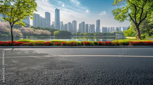 Spring City Road. Modern City Skyline with Central Park and Business Buildings in Asia