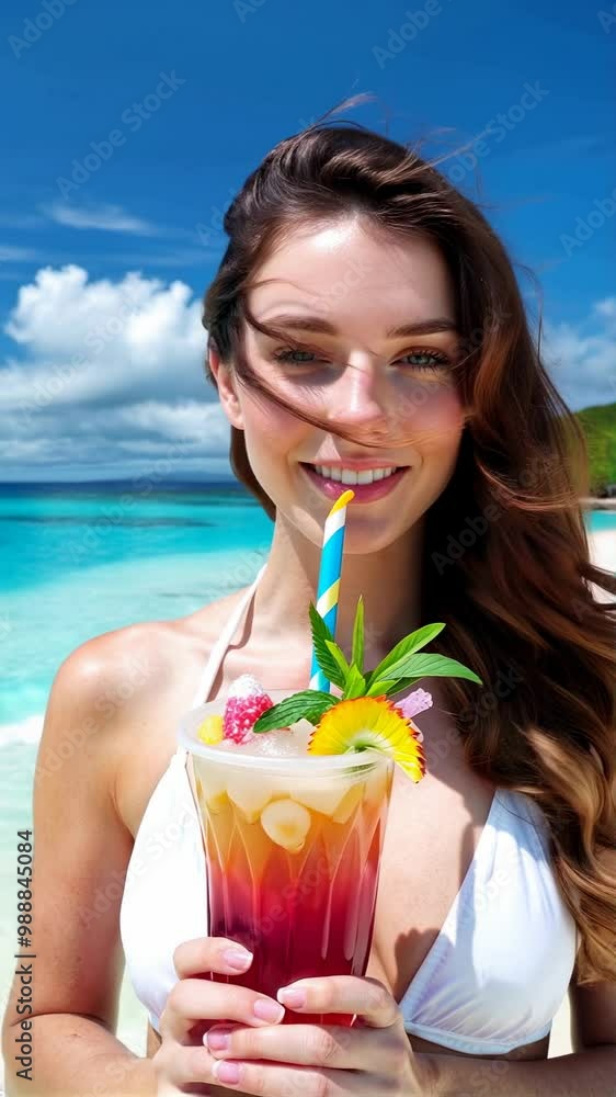 Close-up of a young brunette caucasian woman with a pleasant face, fair skin and loose hair, standing on a paradise beach. She is wearing a white bikini. In one hand she is holding a cocktail. Close-up of a young brunette caucasian woman with a pleasant face, fair skin and loose hair, standing on a paradise beach. She is wearing a white bikini. In one hand she is holding a cocktail.