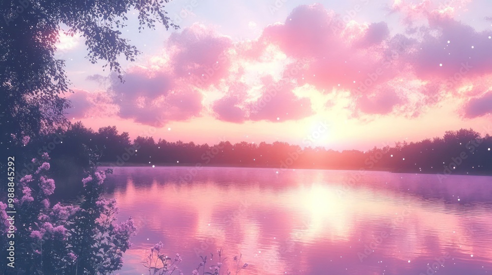 A serene sunset over a tranquil lake, with soft pastel colors reflecting on the water. A serene sunset over a tranquil lake, with soft pastel colors reflecting on the water.