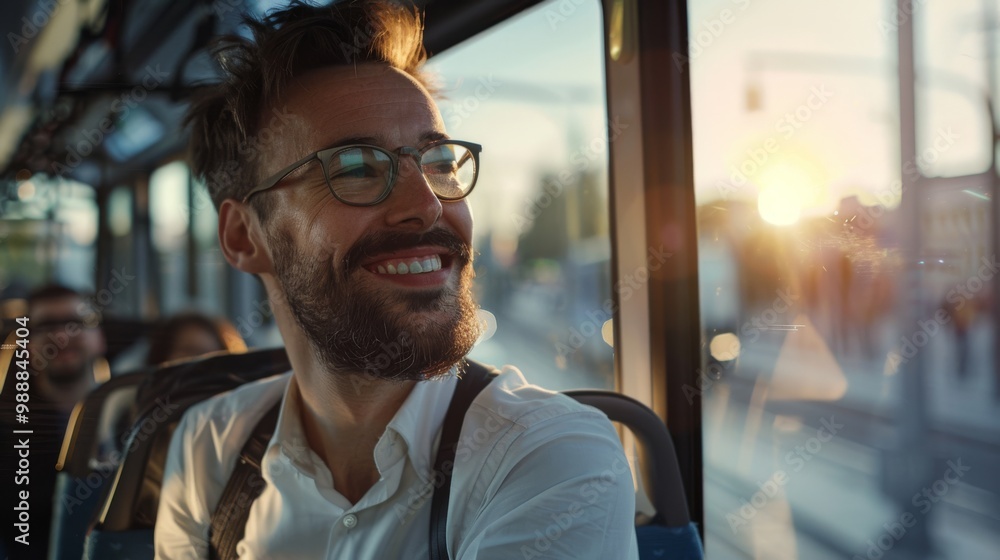 A man smiling serenely while sitting on a bus, enjoying the golden hues of the sunset streaming through the window. A man smiling serenely while sitting on a bus, enjoying the golden hues of the sunset streaming through the window.