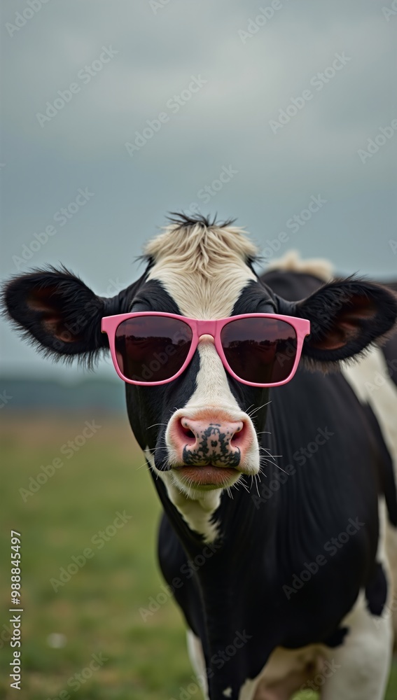 A cow wearing pink sunglasses standing in a field. A cow wearing pink sunglasses standing in a field.