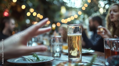 a hand rejecting a drink at a social gathering, representing the choice to abstain from alcohol