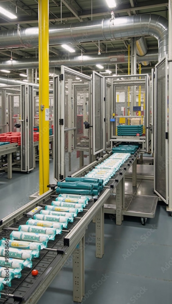 Naklejka premium A conveyor belt with a bunch of bags on it.