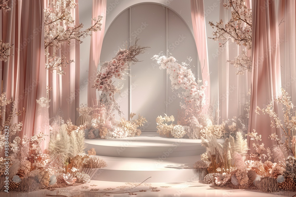 Elegant floral arrangement in a serene, softly lit space, perfect for events, weddings, or photography backdrops. Elegant floral arrangement in a serene, softly lit space, perfect for events, weddings, or photography backdrops.