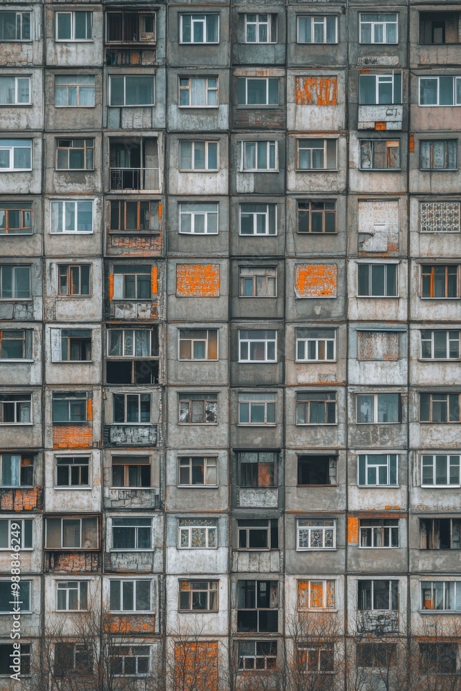 Facade of a Grey Multi-storey Panel building in Russia, Soviet architecture houses Facade of a Grey Multi-storey Panel building in Russia, Soviet architecture houses
