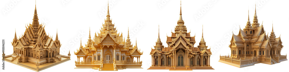 Beautiful golden architectural models representing traditional temple designs, showcasing intricate details and craftsmanship. on transparent cutout, PNG file Beautiful golden architectural models representing traditional temple designs, showcasing intricate details and craftsmanship. on transparent cutout, PNG file
