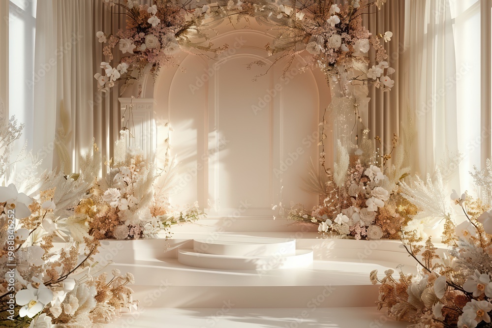 Elegant floral backdrop with soft light, perfect for events, weddings, or photoshoots. A serene and romantic atmosphere. Elegant floral backdrop with soft light, perfect for events, weddings, or photoshoots. A serene and romantic atmosphere.
