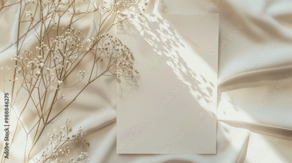 A minimalistic, serene scene with a blank piece of paper placed on white fabric, accented by delicate dried flowers. A minimalistic, serene scene with a blank piece of paper placed on white fabric, accented by delicate dried flowers.