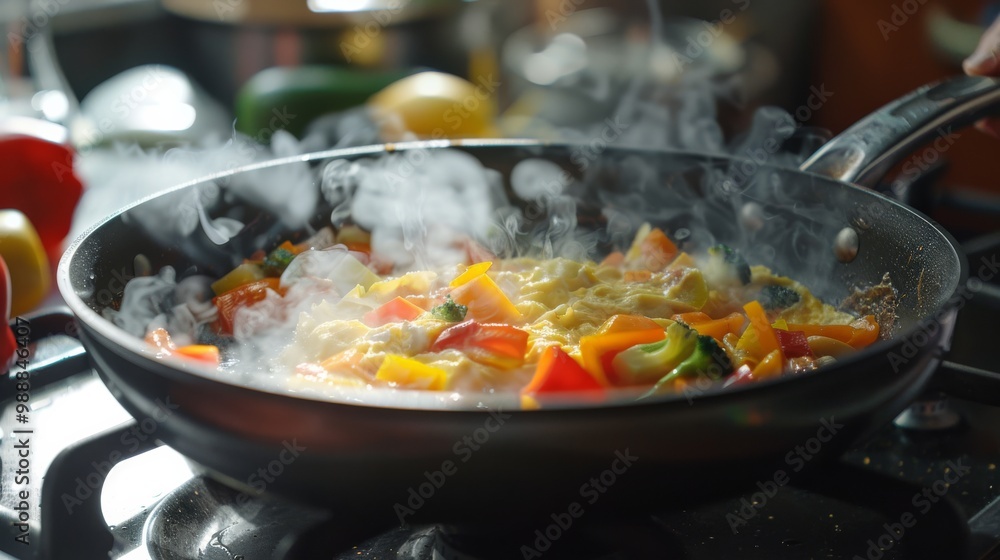 Fresh vegetables sizzle and steam in a vibrant stir-fry within a black skillet, exuding an irresistible aroma. Fresh vegetables sizzle and steam in a vibrant stir-fry within a black skillet, exuding an irresistible aroma.