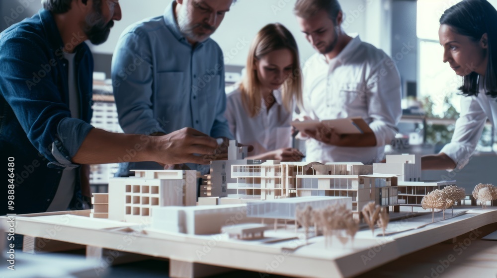 A team of architects gather around a large, intricate architectural model, discussing and planning a project.