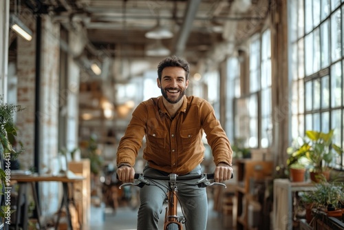 Happy entrepreneur pushing bicycle while leaving office after wok, Generative AI