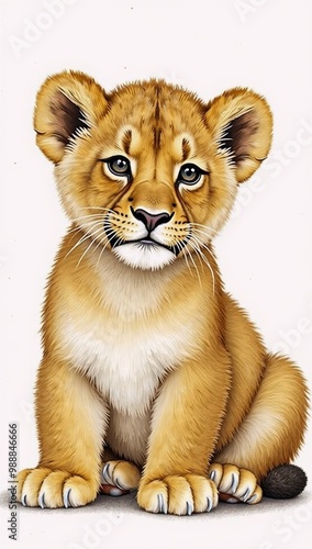 A drawing of a lion cub sitting on a white background.