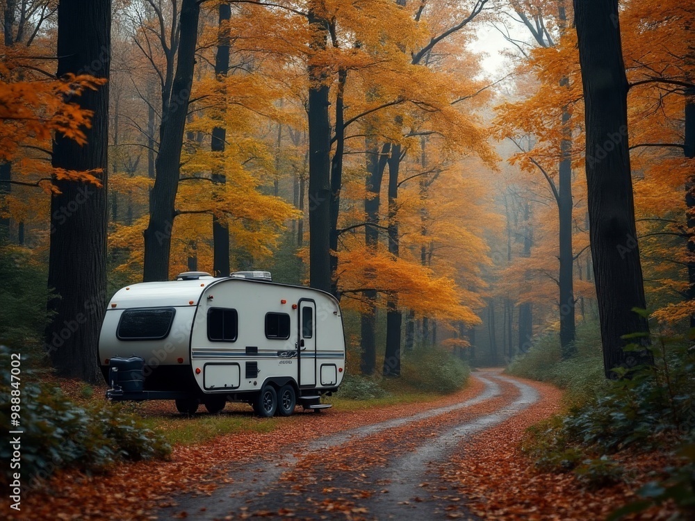 Camper trailer parked on a scenic forest path during autumn, surrounded by vibrant orange and yellow leaves, showcasing outdoor adventure and nature exploration Camper trailer parked on a scenic forest path during autumn, surrounded by vibrant orange and yellow leaves, showcasing outdoor adventure and nature exploration