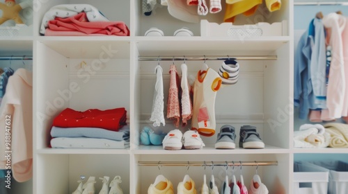 Neatly organized baby clothes and shoes in a white wardrobe featuring a range of colorful and pastel outfits for infants.