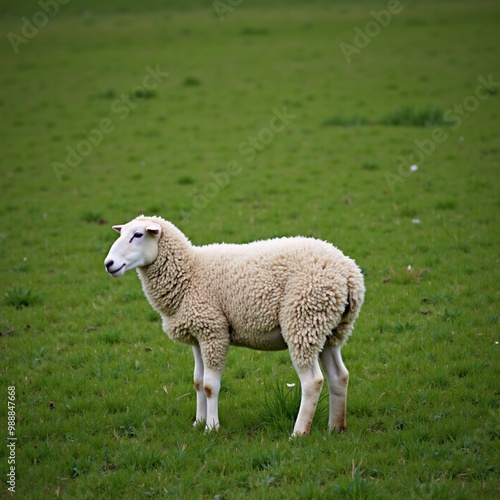 A sheep standing on top of a lush green field.