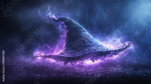 Witch s hat with tattered edges, floating in mid-air with a glowing purple aura, dark and mysterious Halloween atmosphere photo