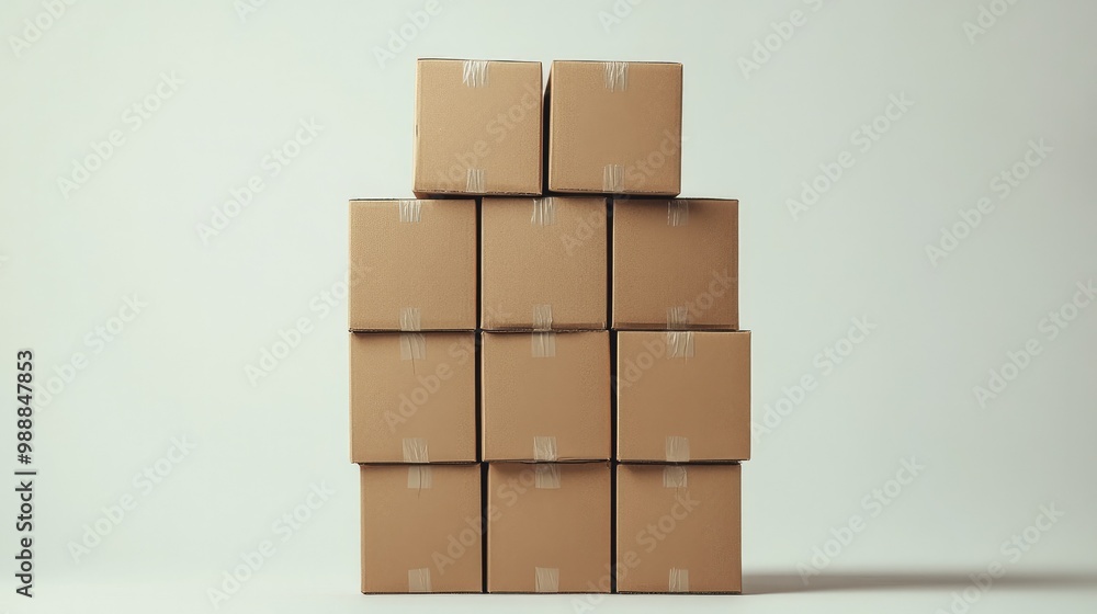 A symmetrical stack of cardboard boxes, each taped and sealed, standing against a white background, representing bulk packaging and shipment preparation. A symmetrical stack of cardboard boxes, each taped and sealed, standing against a white background, representing bulk packaging and shipment preparation.