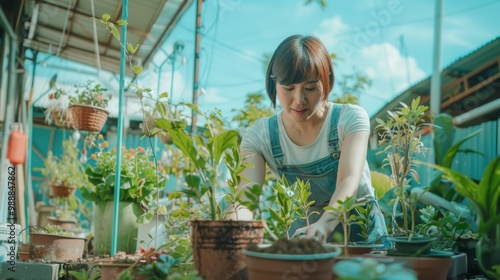 A woman plants in her lush garden, surrounded by various green plants and vibrant pots under a bright sky.