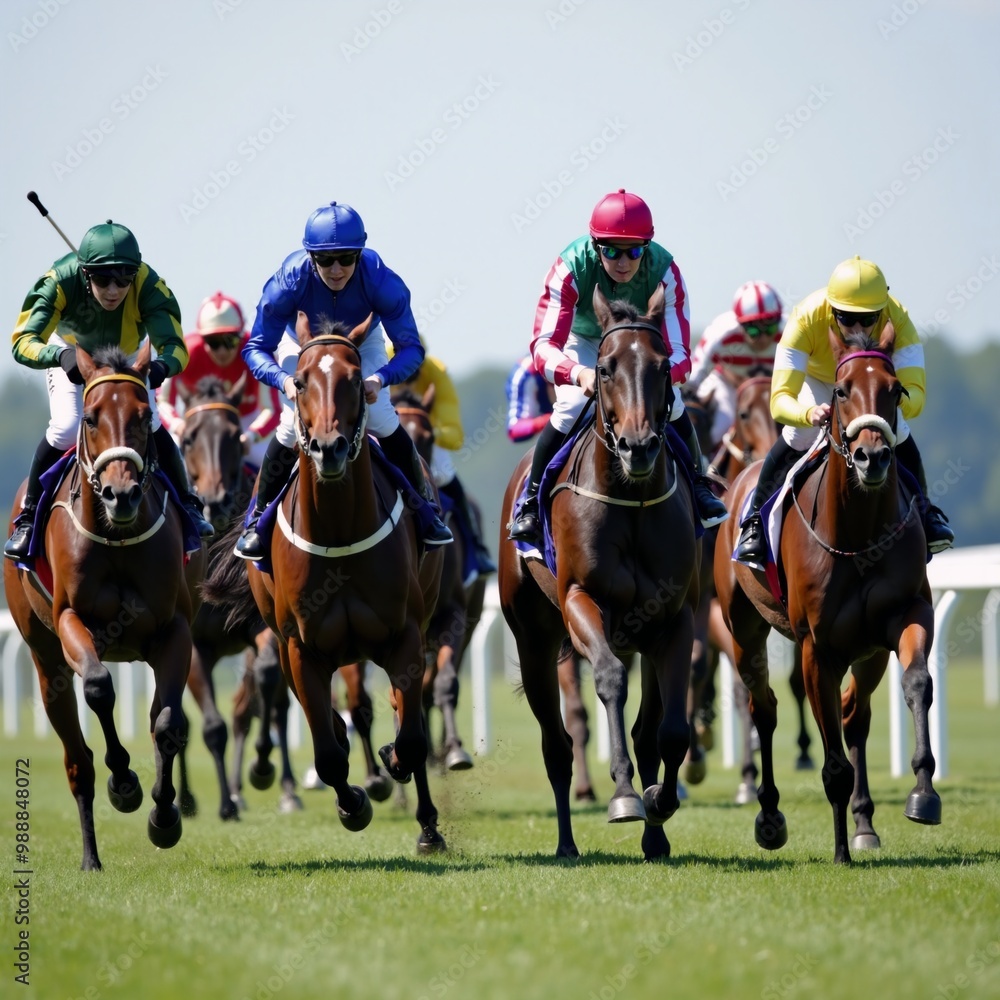 A group of jockeys riding horses on a race track. A group of jockeys riding horses on a race track.