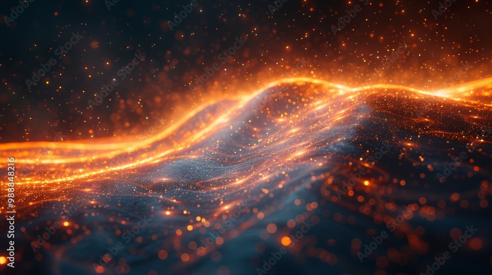 Obraz premium Futuristic Digital Landscape with Glowing Particles and Abstract Waves in a High-Tech Sci-Fi Background