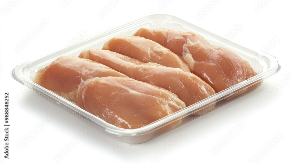 A vacuum-sealed plastic tray containing raw chicken breasts, displayed on a clean white background, ideal for fresh food packaging in supermarkets. A vacuum-sealed plastic tray containing raw chicken breasts, displayed on a clean white background, ideal for fresh food packaging in supermarkets.