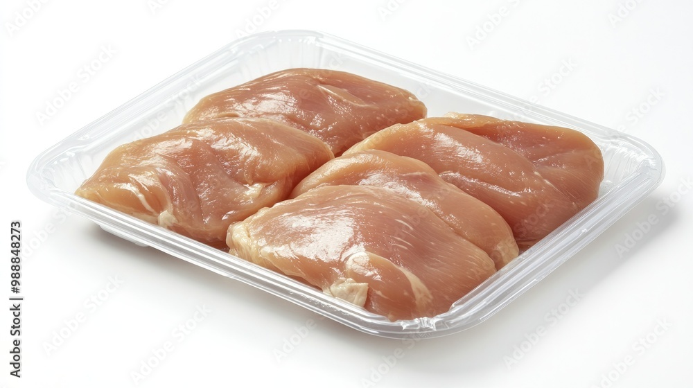 A vacuum-sealed plastic tray containing raw chicken breasts, displayed on a clean white background, ideal for fresh food packaging in supermarkets. A vacuum-sealed plastic tray containing raw chicken breasts, displayed on a clean white background, ideal for fresh food packaging in supermarkets.