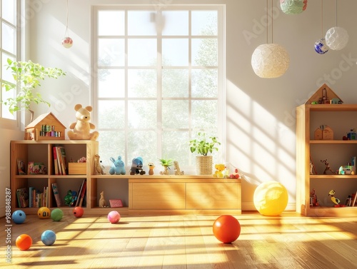 A room with a window and a teddy bear. There are many toys in the room, including a yellow ball