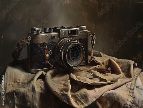 A vintage camera rests on a textured cloth, showcasing an artistic composition of nostalgia and photography. photo