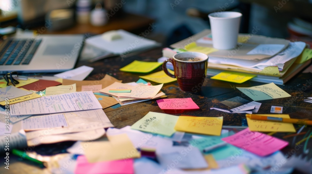 A cluttered desk covered with colorful sticky notes, documents, a coffee mug, and stationery, portraying a scene of busy work or study. A cluttered desk covered with colorful sticky notes, documents, a coffee mug, and stationery, portraying a scene of busy work or study.