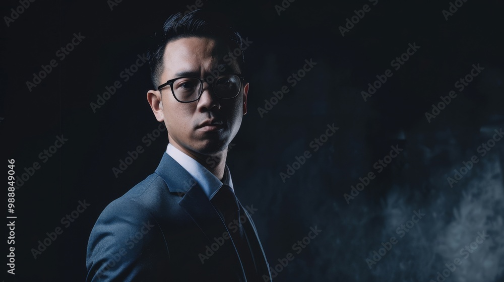 A man in glasses and a suit stands against a dark backdrop, exuding confidence and professionalism in a dramatic portrait. A man in glasses and a suit stands against a dark backdrop, exuding confidence and professionalism in a dramatic portrait.