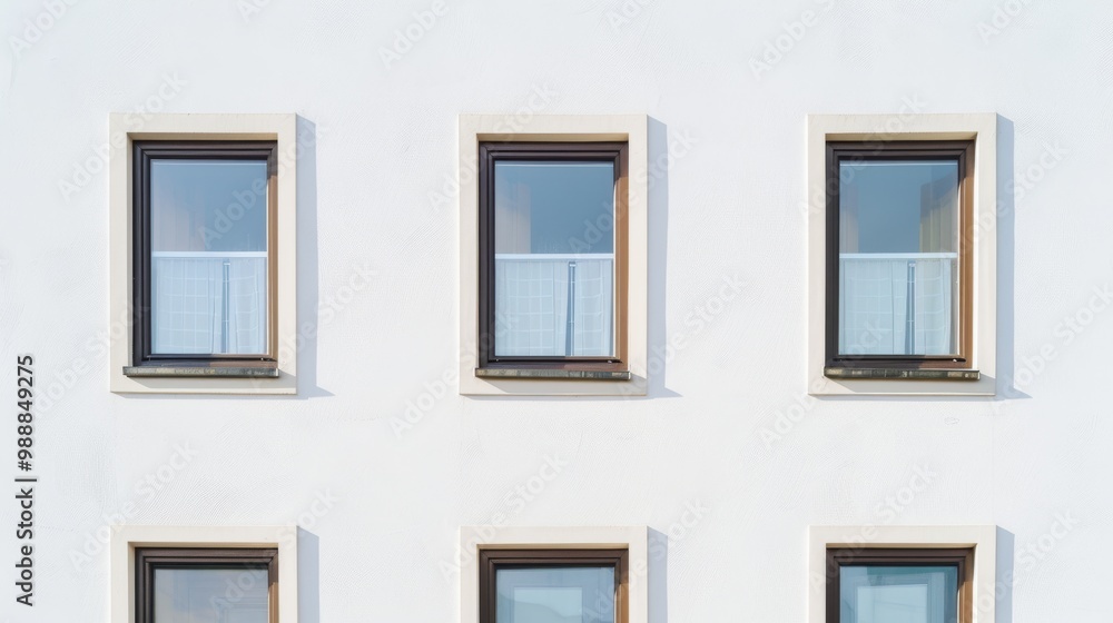 Fototapeta premium A minimalist building facade featuring three modern, rectangular windows aligned in symmetry, casting subtle shadows.